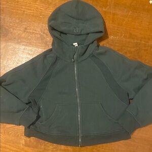 Dark Green Hooded Cropped Jacket with Long Sleeves and Soft Texture